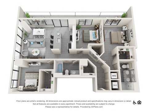 Floor plan for 3 beds, 2 baths, 1374 sqft